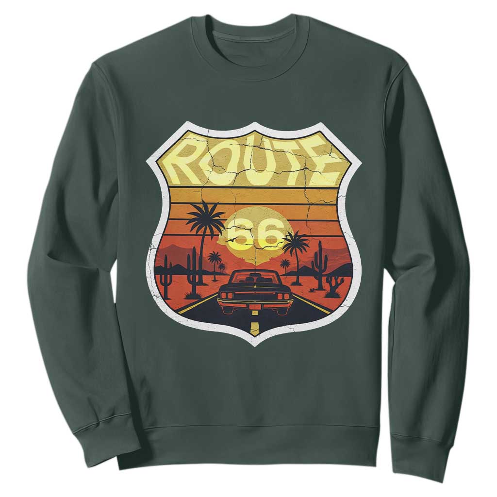 Retro Route Highway 66 Sweatshirt Vintage Americana Road Trip TS12 Dark Forest Green Print Your Wear