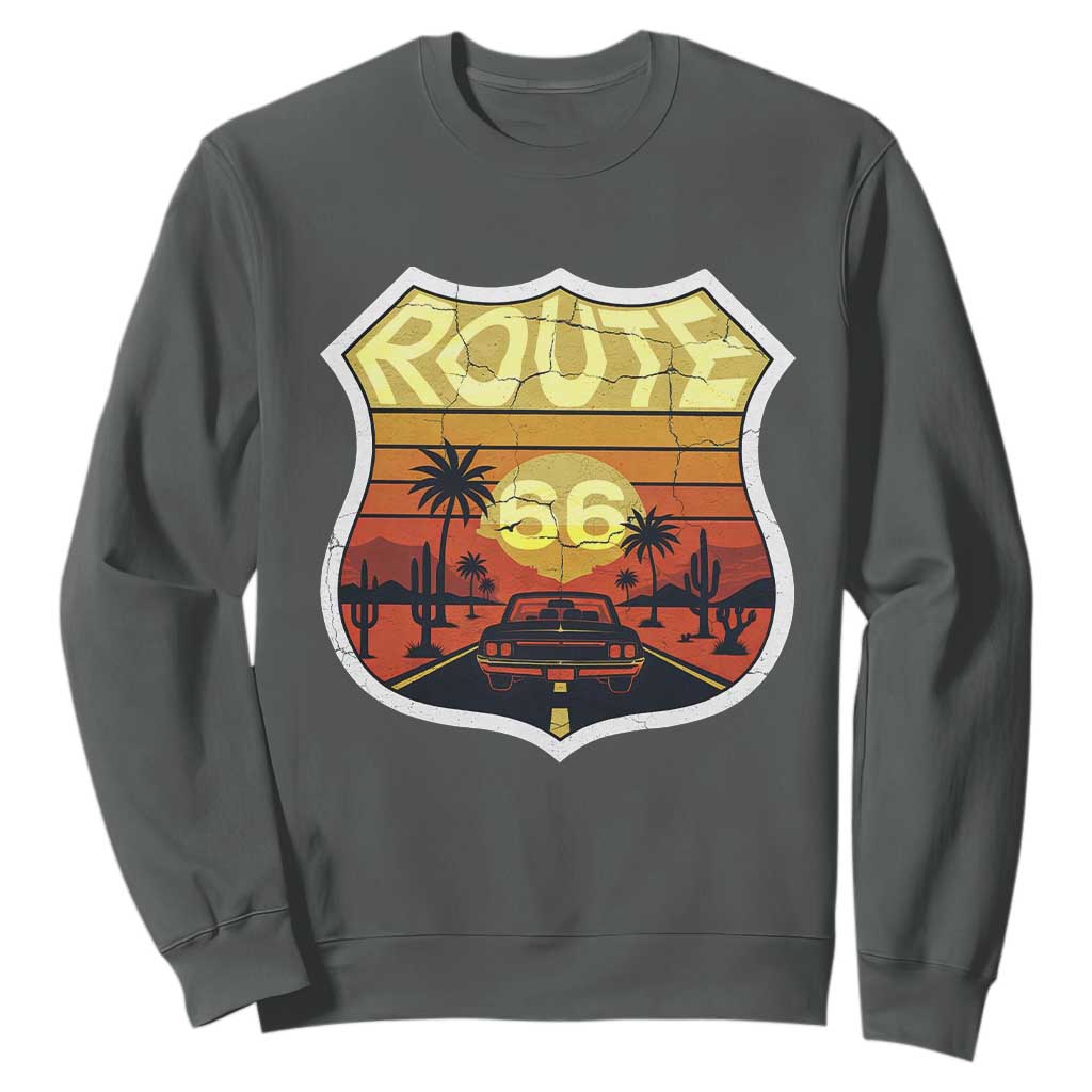 Retro Route Highway 66 Sweatshirt Vintage Americana Road Trip TS12 Dark Heather Print Your Wear