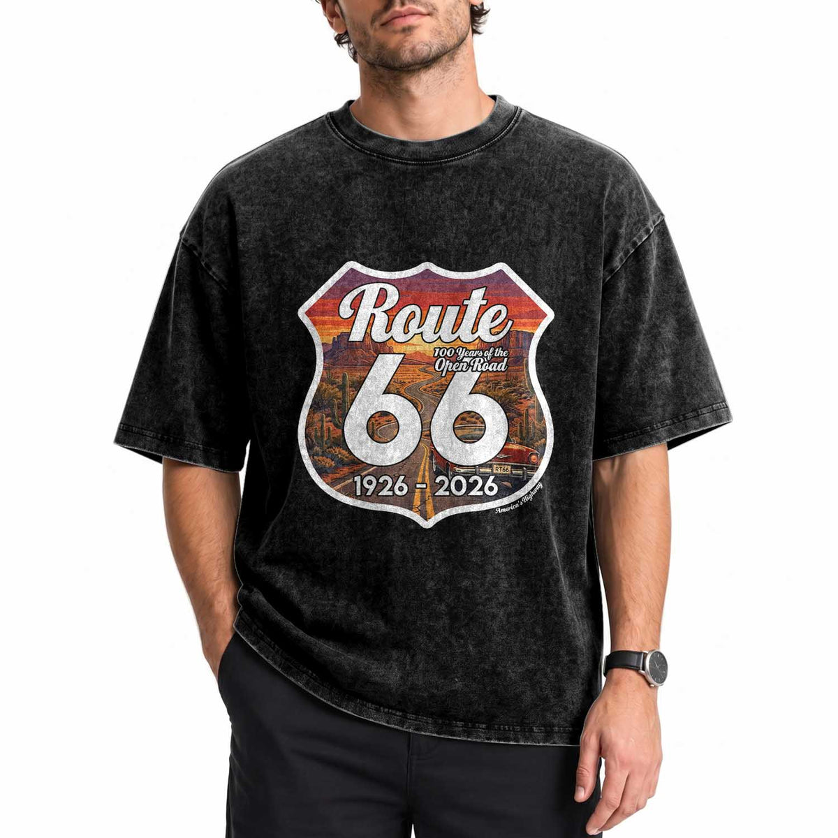 Route Highway 66 Centennial Washed Cotton T-Shirt Vintage Distressed Americas Highway