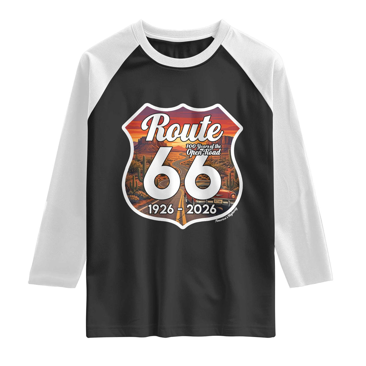Route Highway 66 Centennial Raglan Shirt Vintage Distressed Americas Highway TS12 Black White Print Your Wear