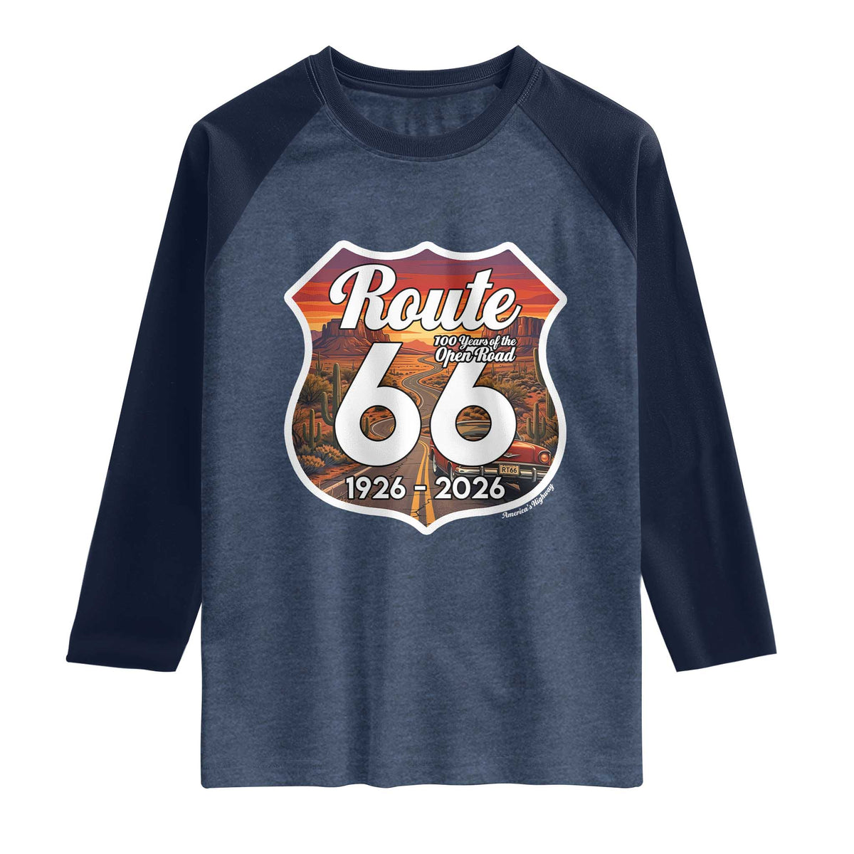 Route Highway 66 Centennial Raglan Shirt Vintage Distressed Americas Highway TS12 Heather Denim Navy Print Your Wear