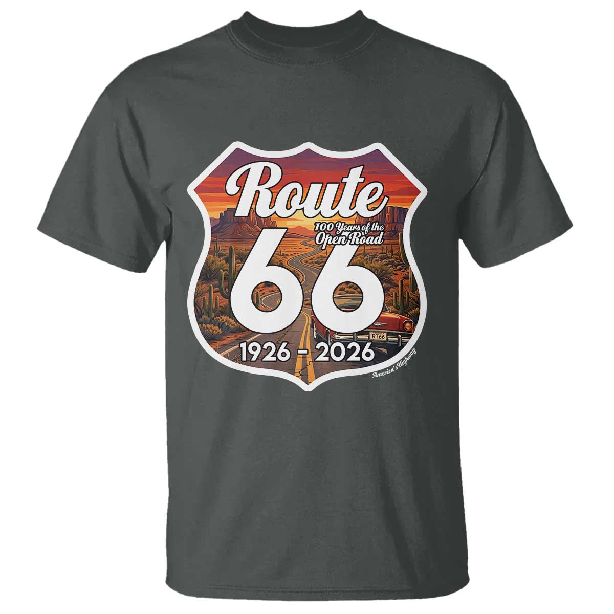 Route Highway 66 Centennial T Shirt Vintage Distressed Americas Highway TS12 Dark Heather Print Your Wear
