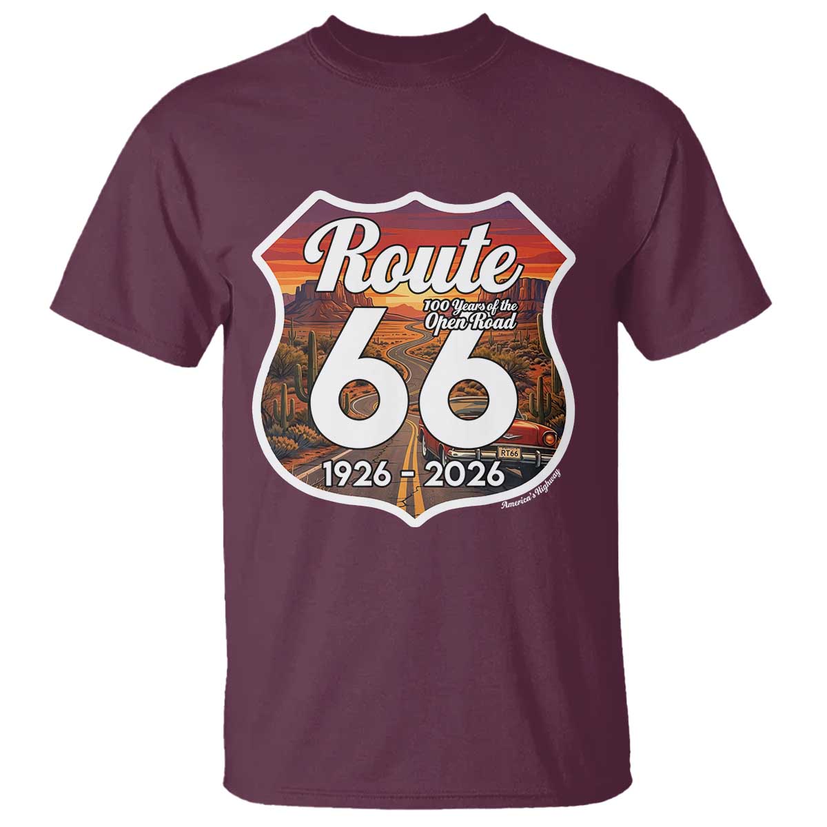 Route Highway 66 Centennial T Shirt Vintage Distressed Americas Highway TS12 Maroon Print Your Wear