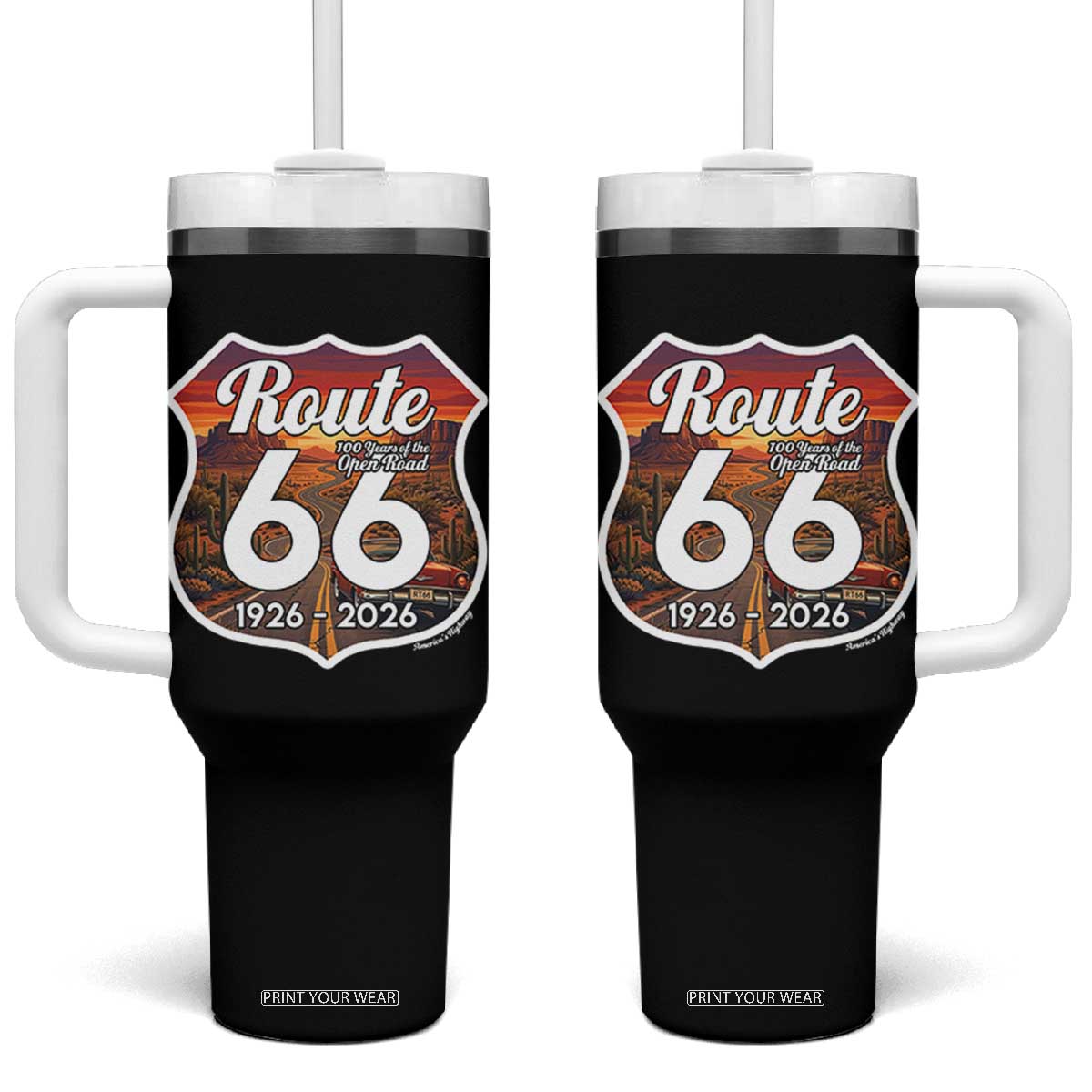 Route Highway 66 Centennial Tumbler With Handle Vintage Distressed Americas Highway TS12 One Size: 40 oz Black Print Your Wear