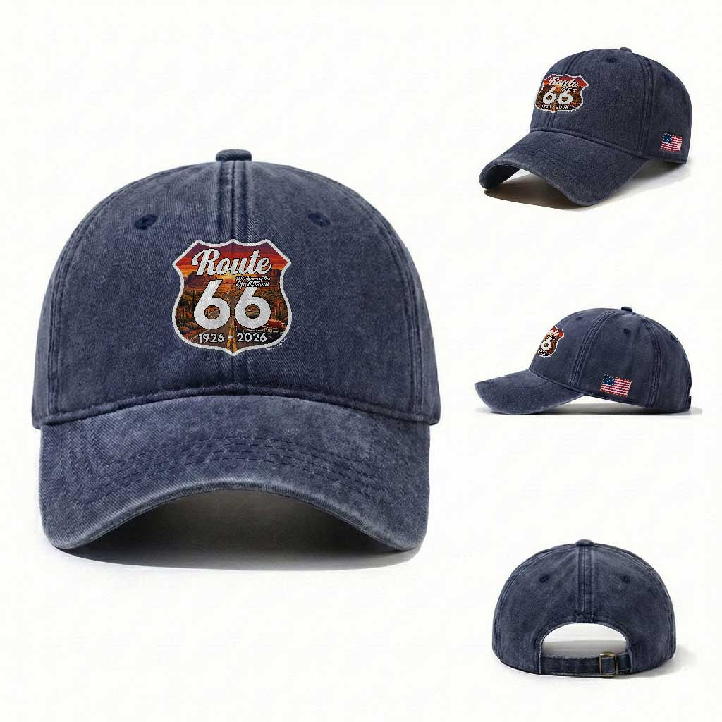Route Highway 66 Centennial Washed Cotton Baseball Cap Vintage Distressed Americas Highway TS12 Washed Cap Universal Fit Navy Print Your Wear