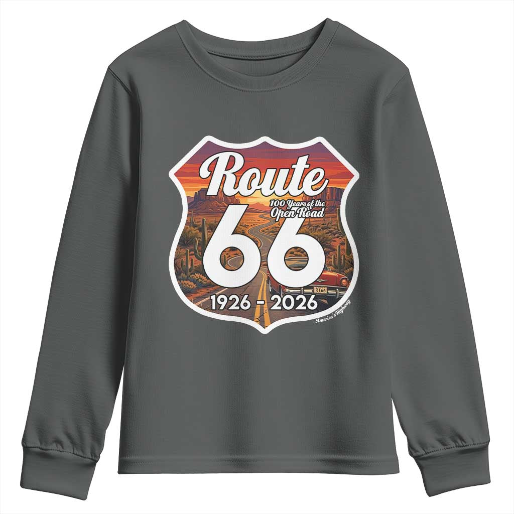 Route Highway 66 Centennial Youth Sweatshirt Vintage Distressed Americas Highway TS12 Dark Heather Print Your Wear