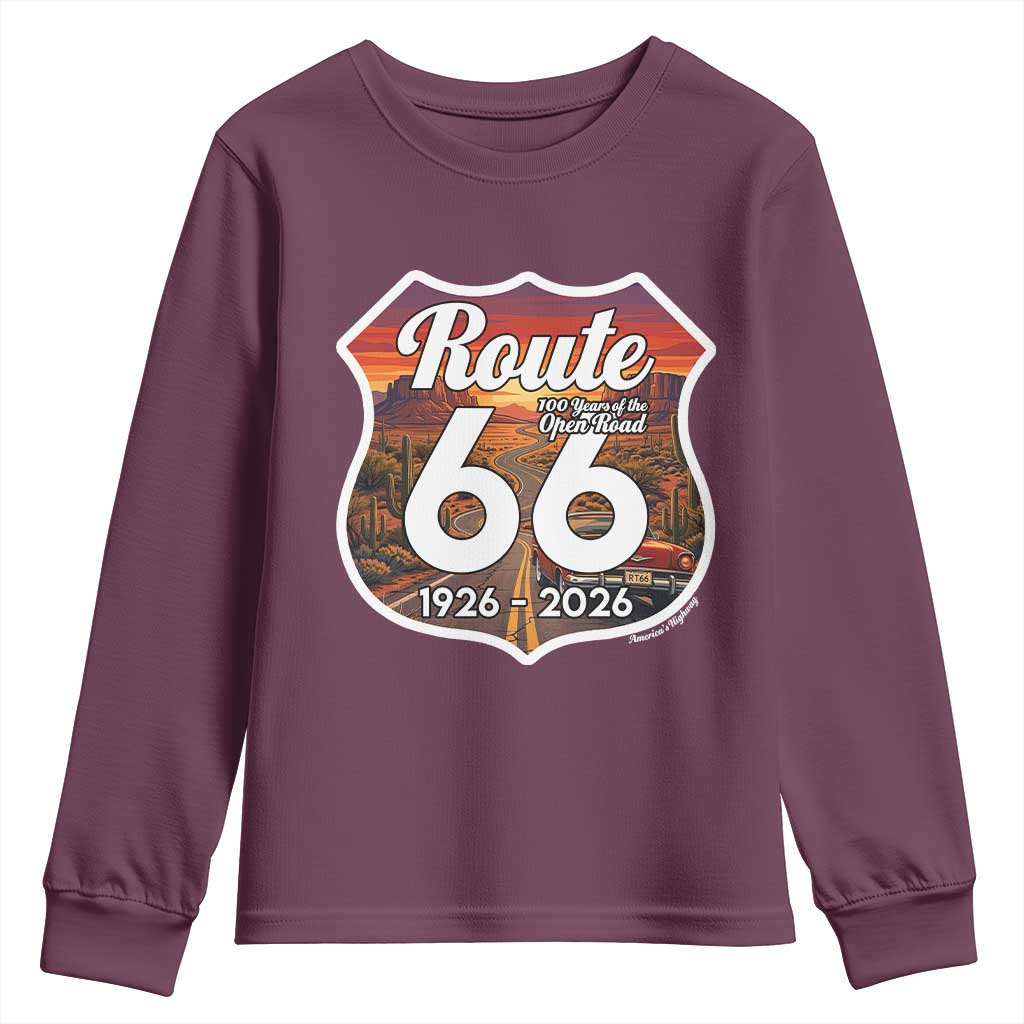 Route Highway 66 Centennial Youth Sweatshirt Vintage Distressed Americas Highway TS12 Maroon Print Your Wear