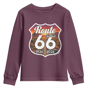 Route Highway 66 Centennial Youth Sweatshirt Vintage Distressed Americas Highway TS12 Maroon Print Your Wear