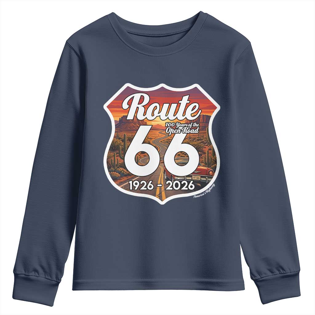Route Highway 66 Centennial Youth Sweatshirt Vintage Distressed Americas Highway TS12 Navy Print Your Wear
