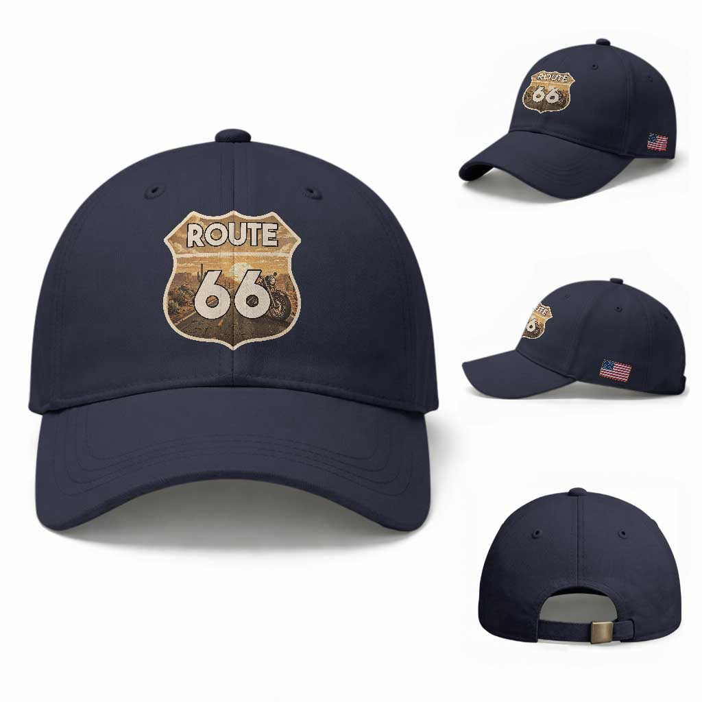 Vintage Motorcycle Road Trip Route Highway 66 Baseball Cap Open Road Adventure TS12 Baseball Cap Universal Fit Navy Print Your Wear