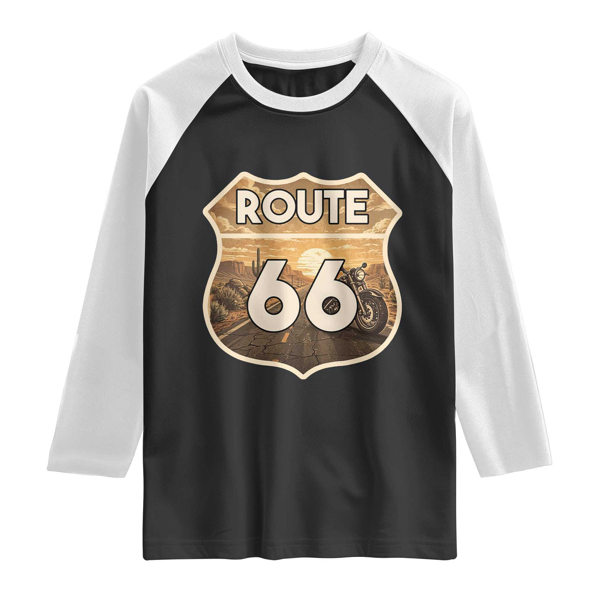 Vintage Motorcycle Road Trip Route Highway 66 Raglan Shirt Open Road Adventure TS12 Black White Print Your Wear