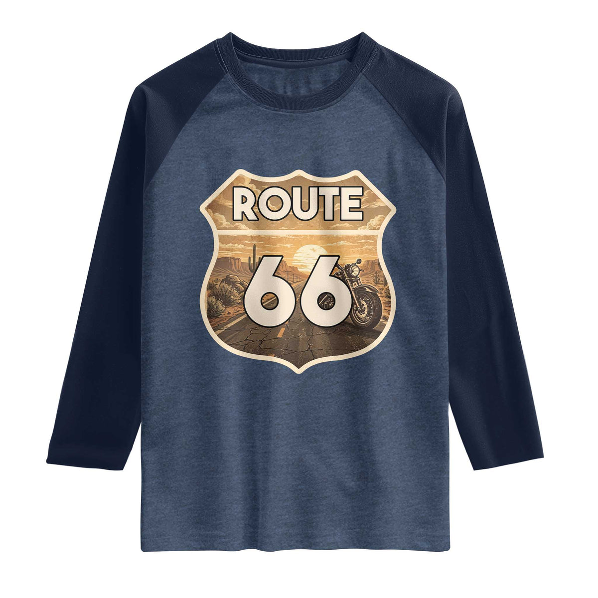 Vintage Motorcycle Road Trip Route Highway 66 Raglan Shirt Open Road Adventure TS12 Heather Denim Navy Print Your Wear