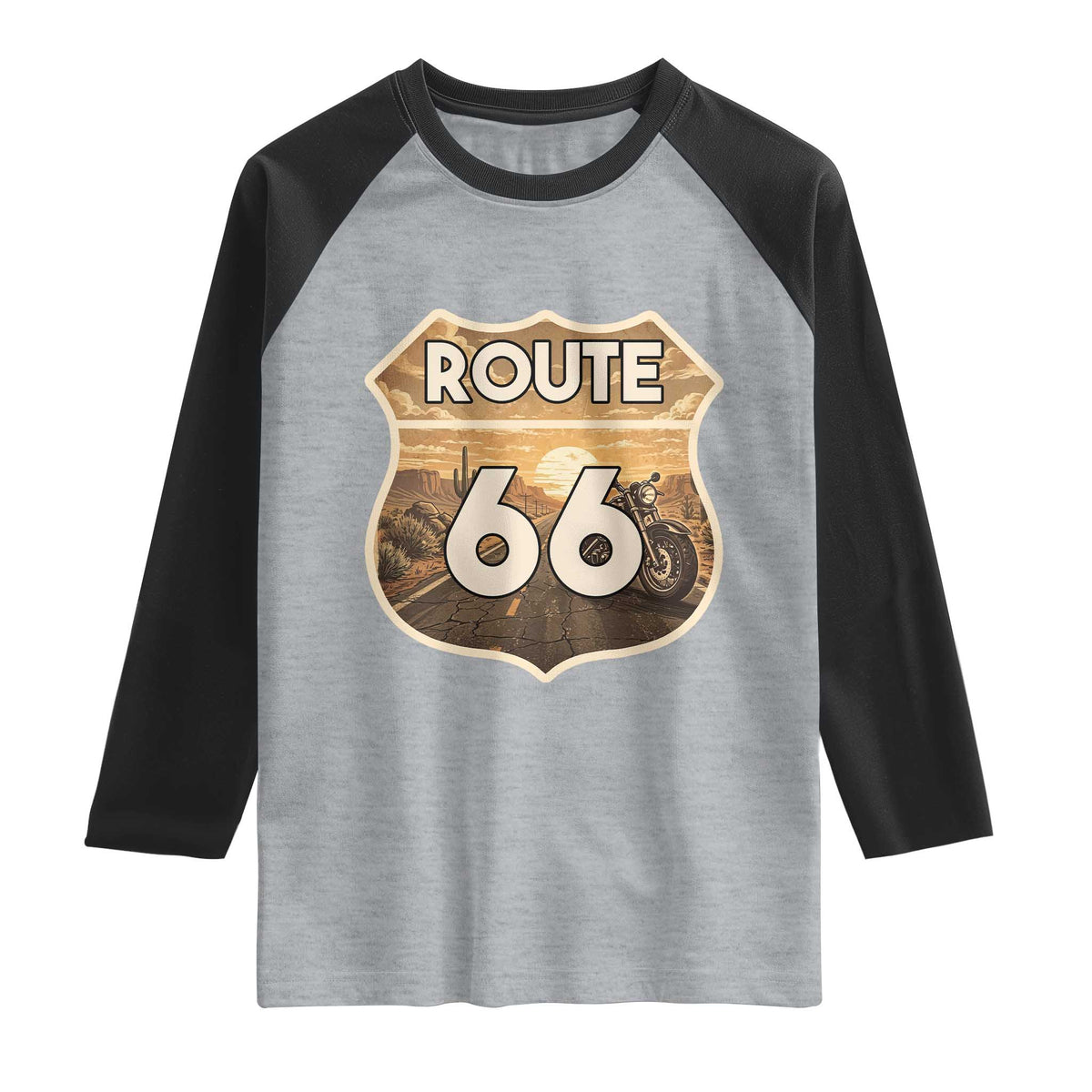 Vintage Motorcycle Road Trip Route Highway 66 Raglan Shirt Open Road Adventure TS12 Heather Gray Black Print Your Wear