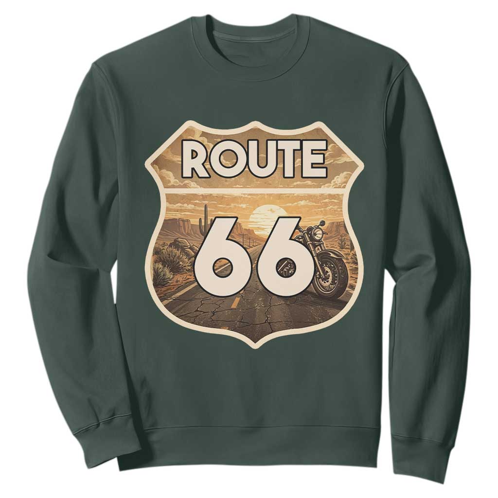 Vintage Motorcycle Road Trip Route Highway 66 Sweatshirt Open Road Adventure TS12 Dark Forest Green Print Your Wear