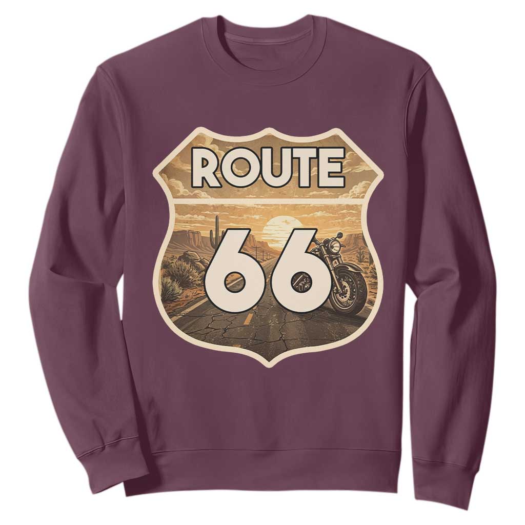 Vintage Motorcycle Road Trip Route Highway 66 Sweatshirt Open Road Adventure TS12 Maroon Print Your Wear