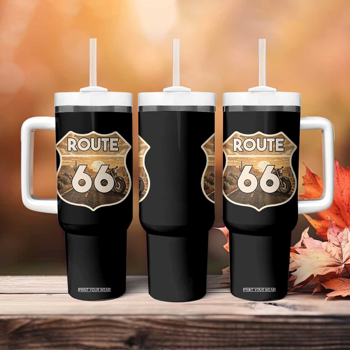 Vintage Motorcycle Road Trip Route Highway 66 Tumbler With Handle Open Road Adventure TS12 Print Your Wear