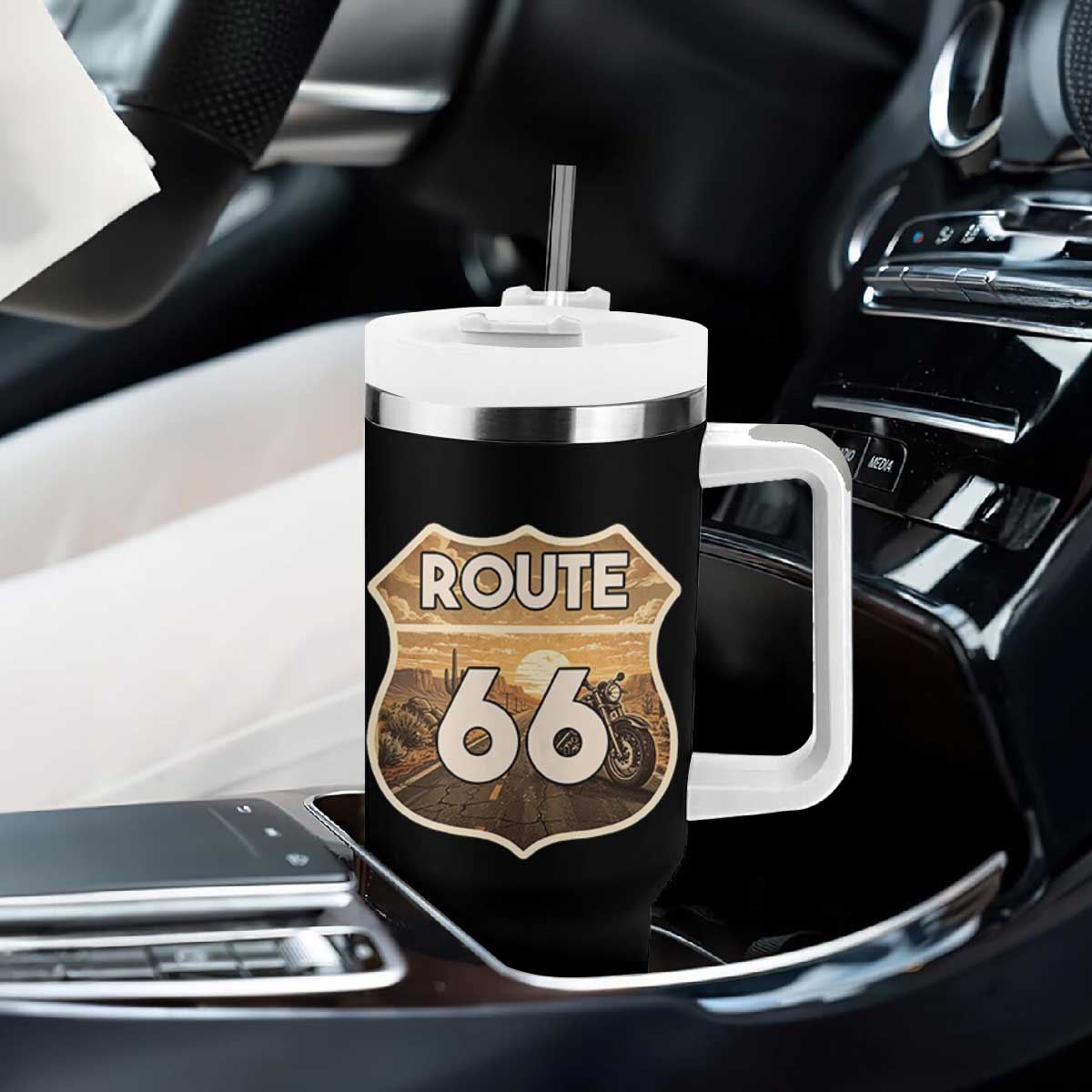 Vintage Motorcycle Road Trip Route Highway 66 Tumbler With Handle Open Road Adventure TS12 Print Your Wear