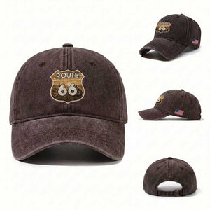 Vintage Motorcycle Road Trip Route Highway 66 Washed Cotton Baseball Cap Open Road Adventure TS12 Washed Cap Universal Fit Dark Brown Print Your Wear