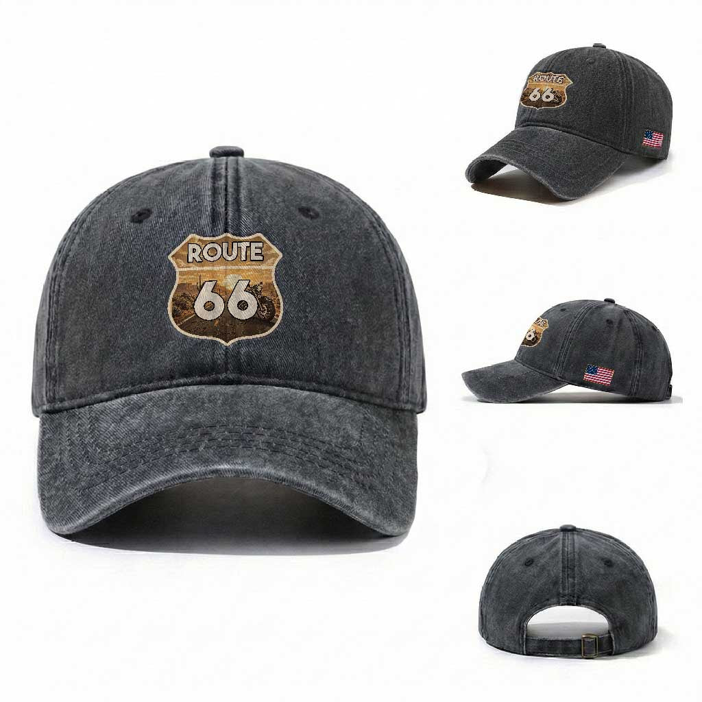Vintage Motorcycle Road Trip Route Highway 66 Washed Cotton Baseball Cap Open Road Adventure TS12 Washed Cap Universal Fit Dark Gray Print Your Wear