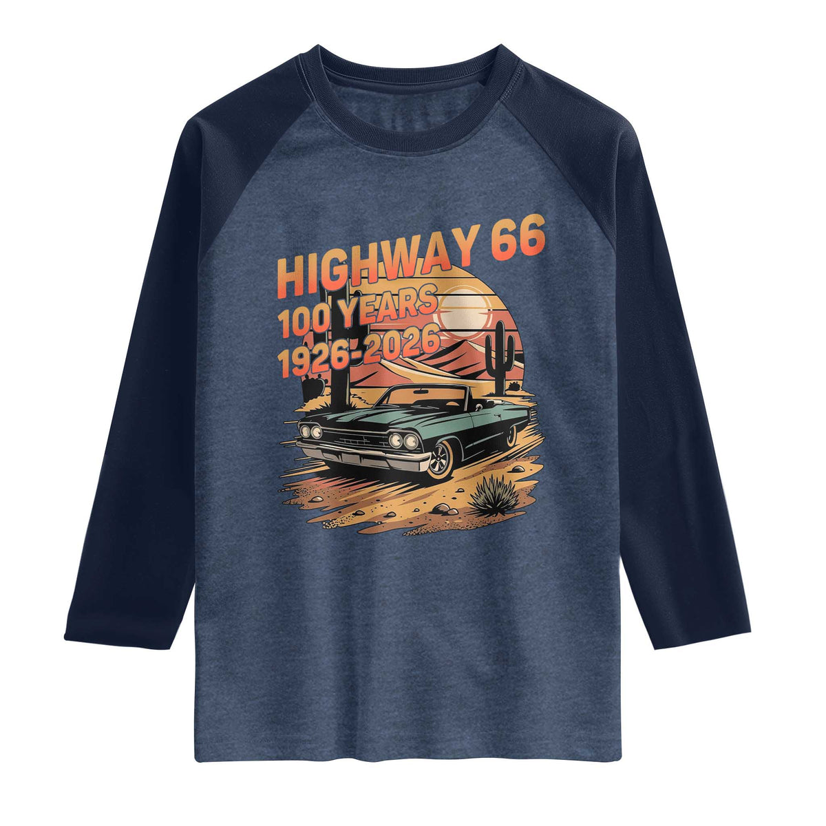 Route Highway 66 Centennial Raglan Shirt 100 Year Road Trip Adventure TS12 Heather Denim Navy Print Your Wear