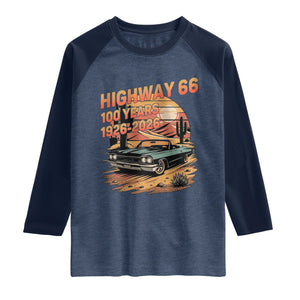 Route Highway 66 Centennial Raglan Shirt 100 Year Road Trip Adventure TS12 Heather Denim Navy Print Your Wear