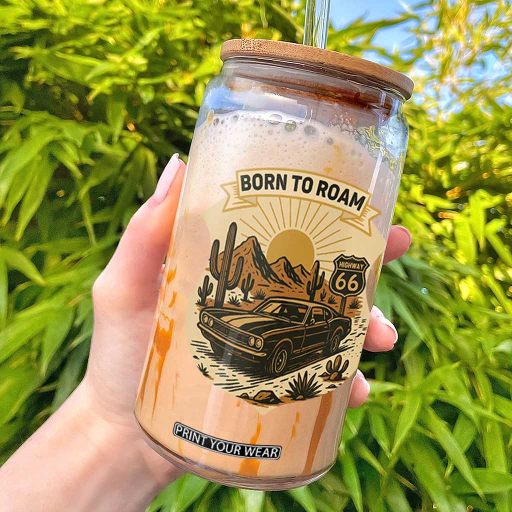 Vintage Muscle Car Route Highway 66 Glass Can Born To Roam Road Trip TS12 Black Print Your Wear