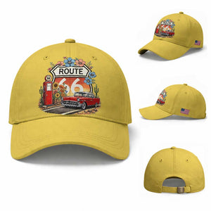 Retro Route Highway 66 Baseball Cap Boho Wildflower Americana Floral TS12 Baseball Cap Universal Fit Yellow Print Your Wear