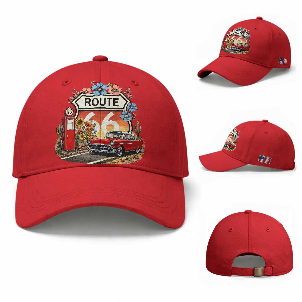 Retro Route Highway 66 Baseball Cap Boho Wildflower Americana Floral TS12 Baseball Cap Universal Fit Red Print Your Wear