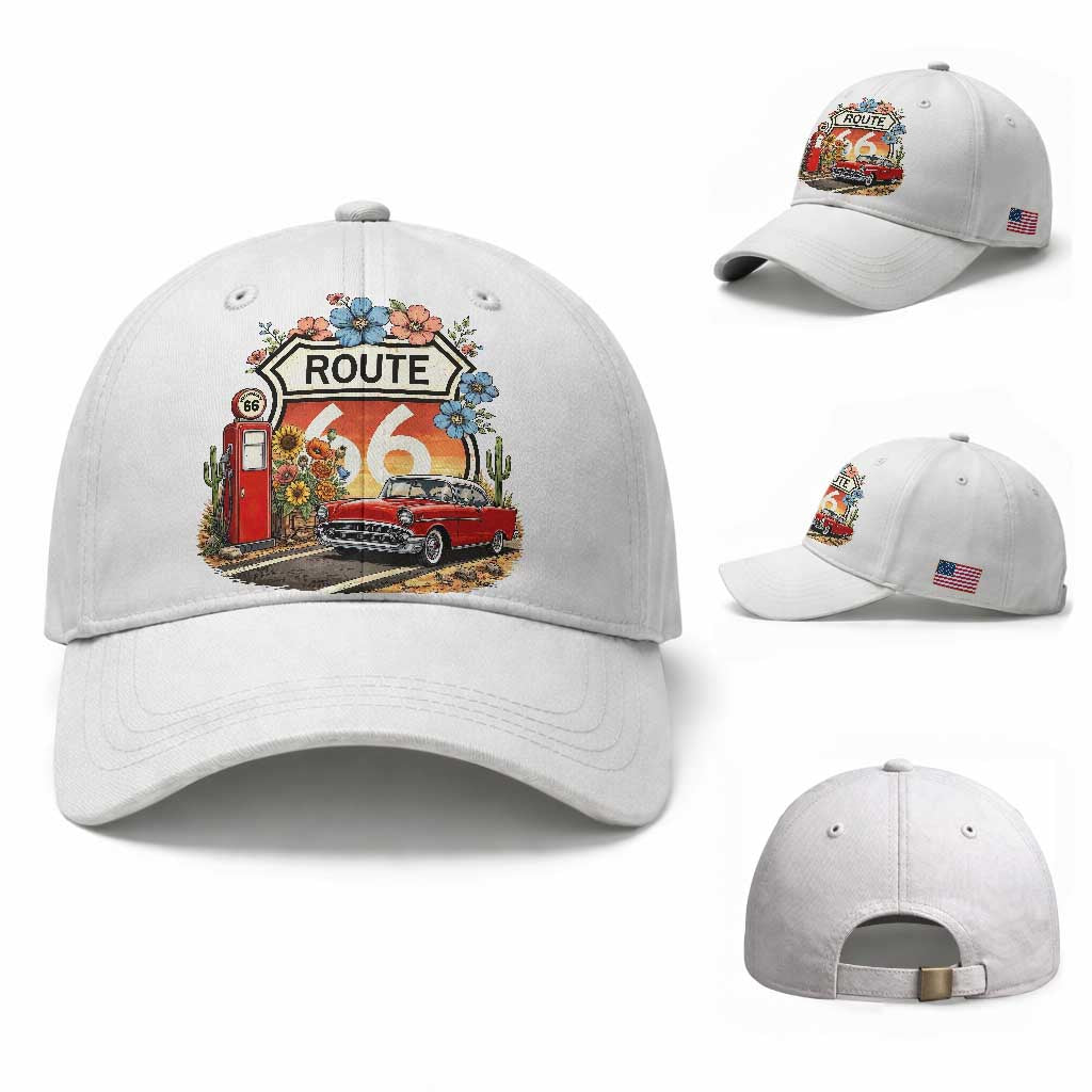 Retro Route Highway 66 Baseball Cap Boho Wildflower Americana Floral TS12 Baseball Cap Universal Fit White Print Your Wear