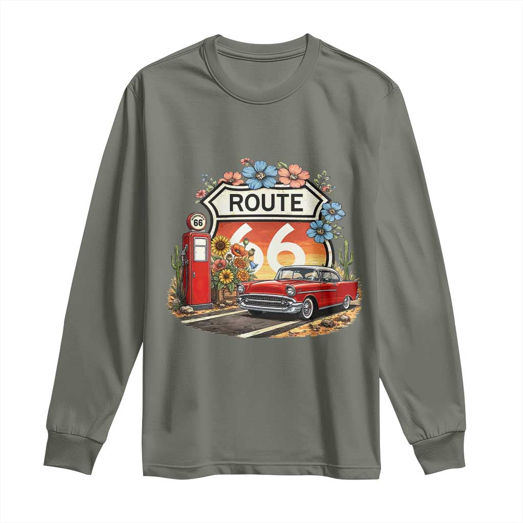 Retro Route Highway 66 Long Sleeve Shirt Boho Wildflower Americana Floral TS12 Military Green Print Your Wear