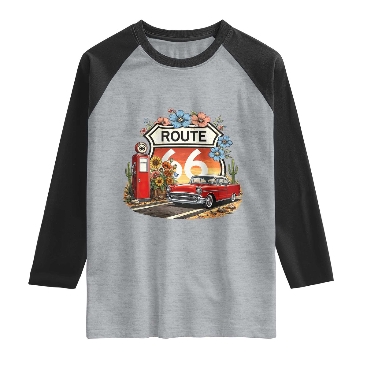 Retro Route Highway 66 Raglan Shirt Boho Wildflower Americana Floral TS12 Heather Gray Black Print Your Wear