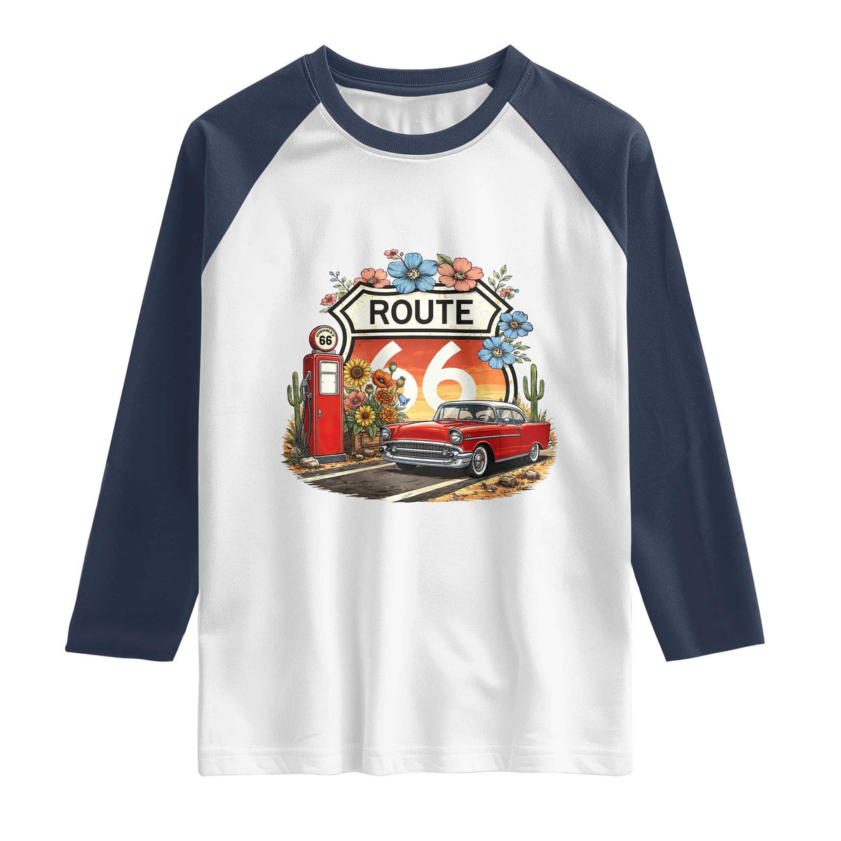 Retro Route Highway 66 Raglan Shirt Boho Wildflower Americana Floral TS12 White Navy Print Your Wear