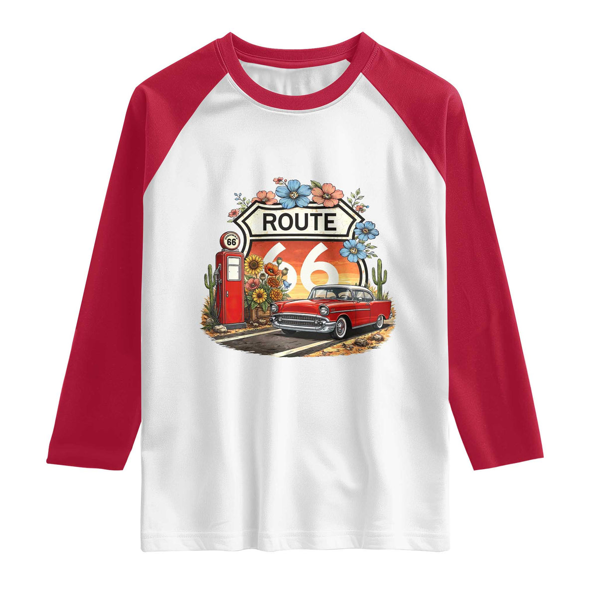 Retro Route Highway 66 Raglan Shirt Boho Wildflower Americana Floral TS12 White Red Print Your Wear