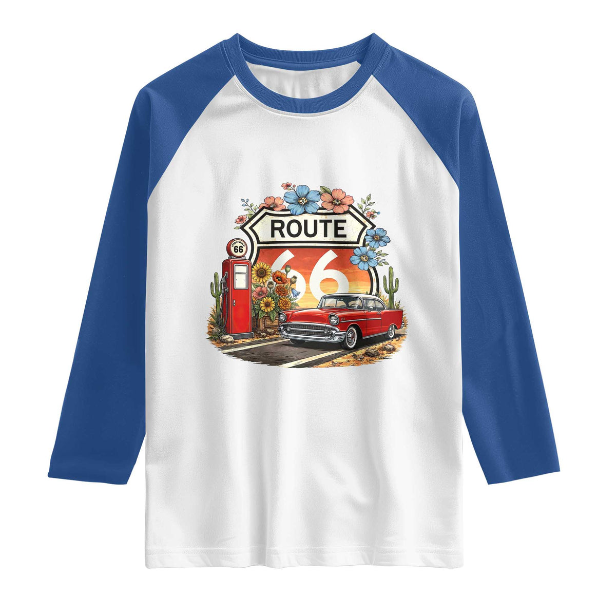 Retro Route Highway 66 Raglan Shirt Boho Wildflower Americana Floral TS12 White Royal Print Your Wear