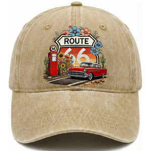 Retro Route Highway 66 Washed Cotton Baseball Cap Boho Wildflower Americana Floral TS12 Print Your Wear