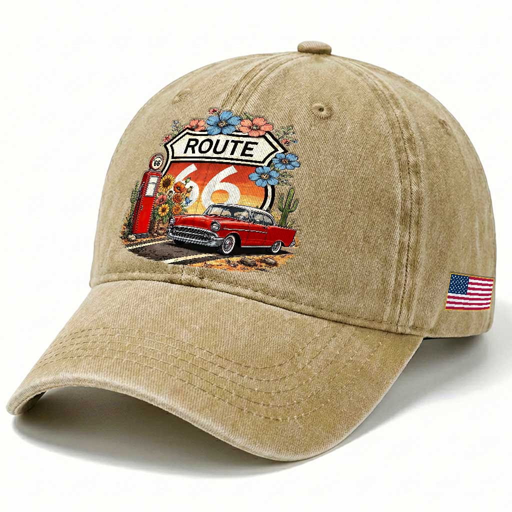 Retro Route Highway 66 Washed Cotton Baseball Cap Boho Wildflower Americana Floral TS12 Print Your Wear