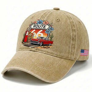 Retro Route Highway 66 Washed Cotton Baseball Cap Boho Wildflower Americana Floral TS12 Print Your Wear