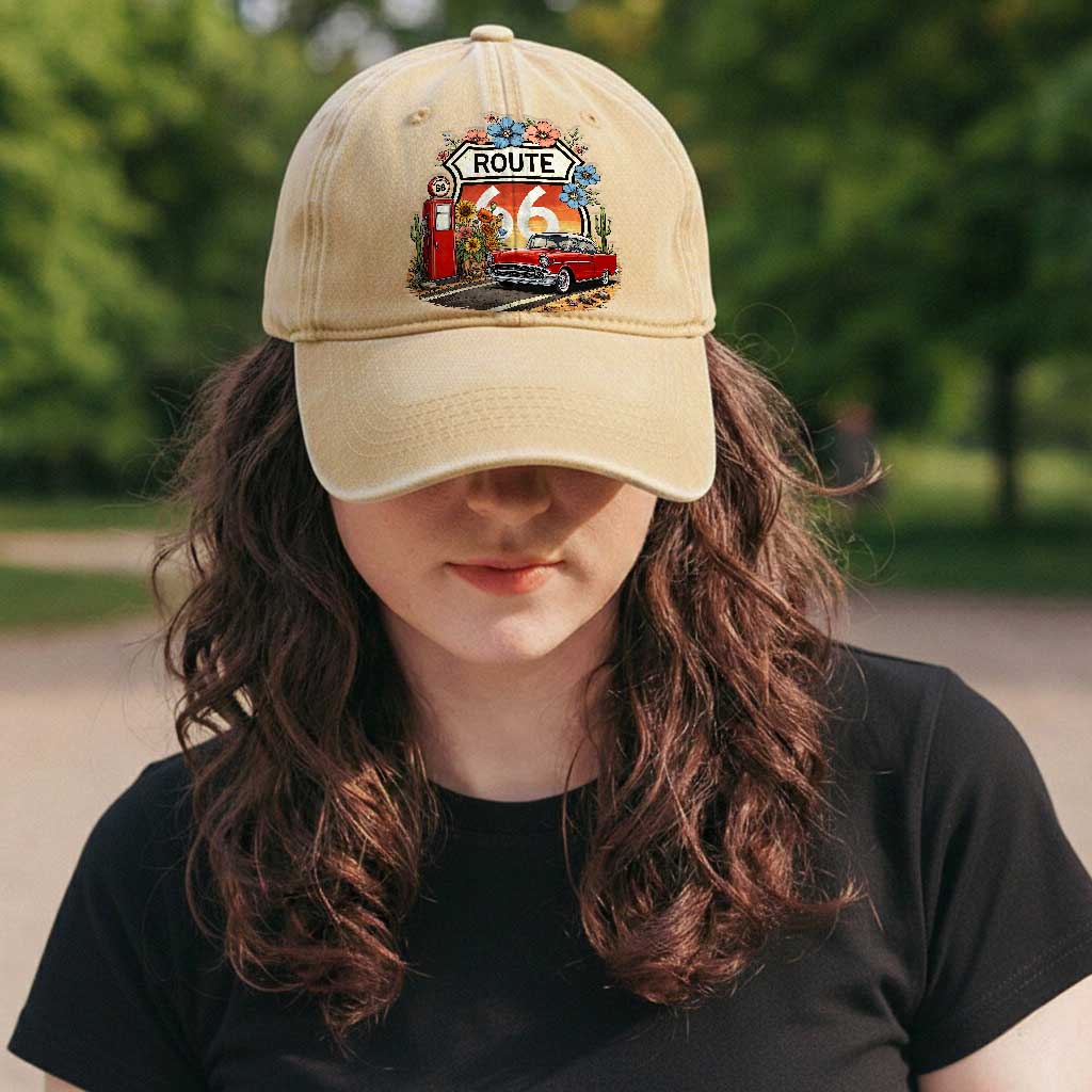 Retro Route Highway 66 Washed Cotton Baseball Cap Boho Wildflower Americana Floral TS12 Print Your Wear