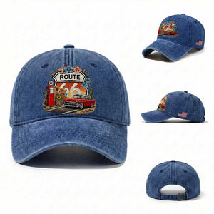 Retro Route Highway 66 Washed Cotton Baseball Cap Boho Wildflower Americana Floral TS12 Washed Cap Universal Fit Royal Blue Print Your Wear