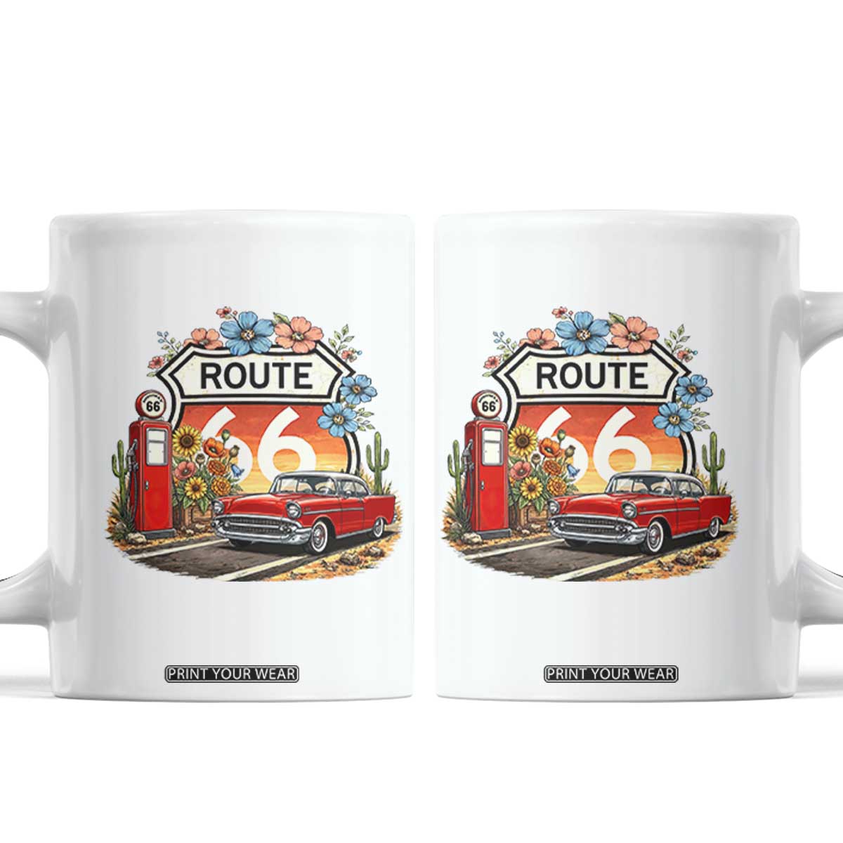 Retro Route Highway 66 Coffee Mug Boho Wildflower Americana Floral TS12 White Print Your Wear