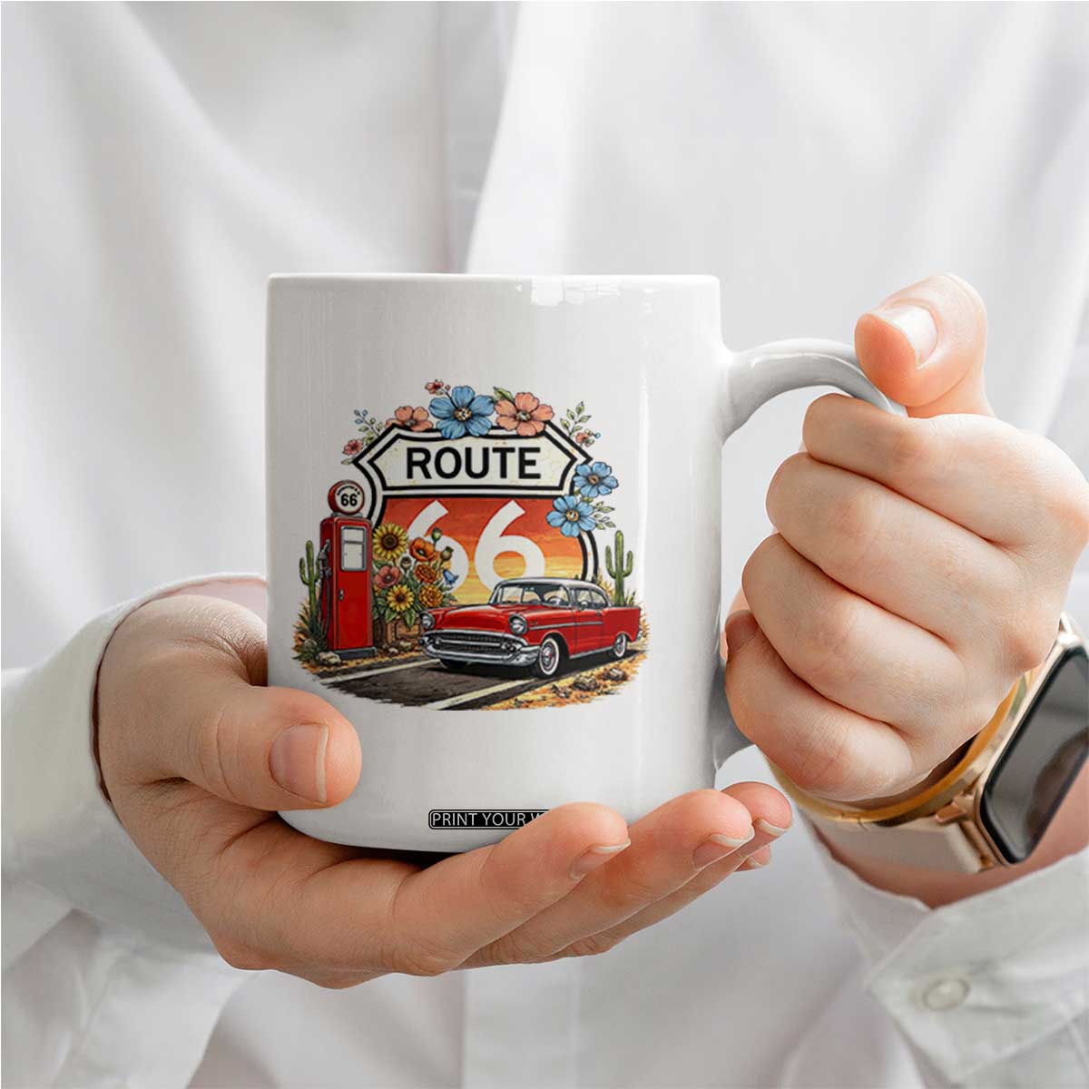 Retro Route Highway 66 Coffee Mug Boho Wildflower Americana Floral TS12 Print Your Wear