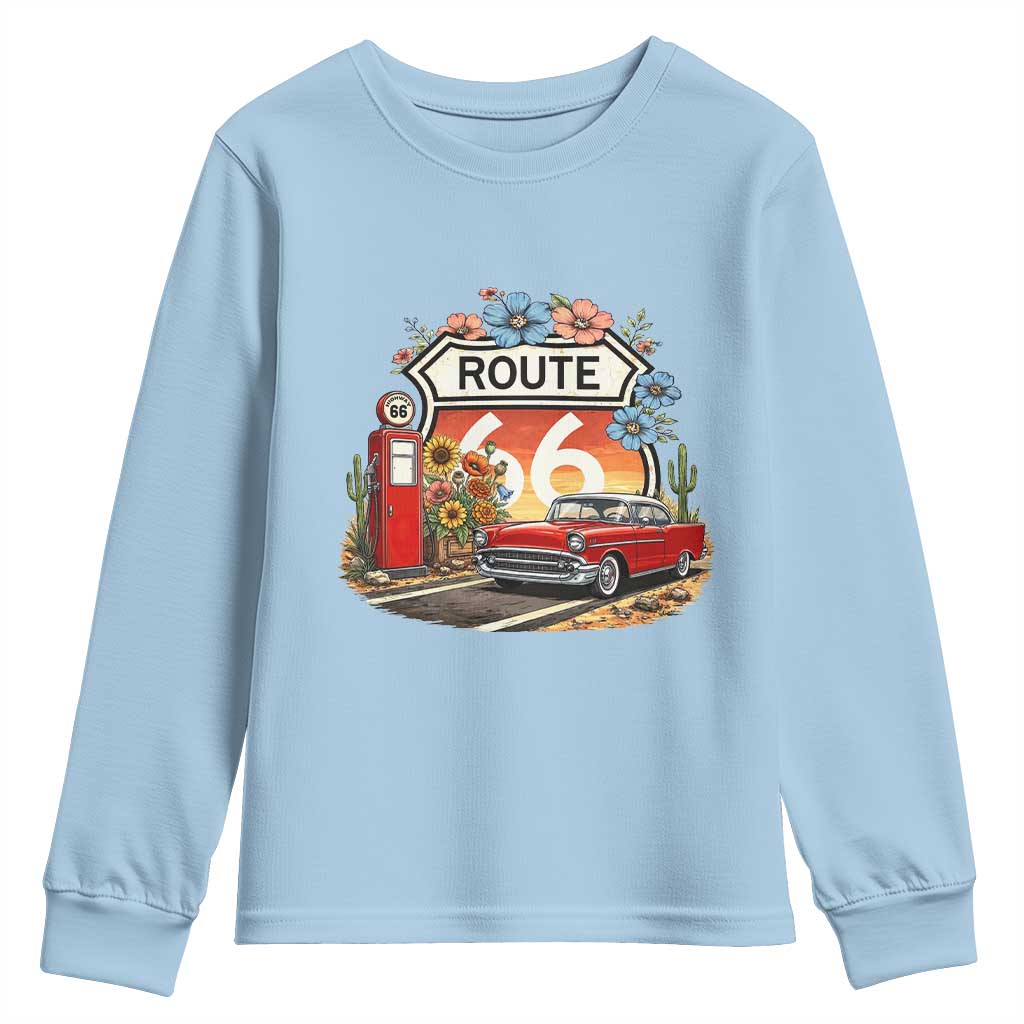 Retro Route Highway 66 Youth Sweatshirt Boho Wildflower Americana Floral TS12 Light Blue Print Your Wear