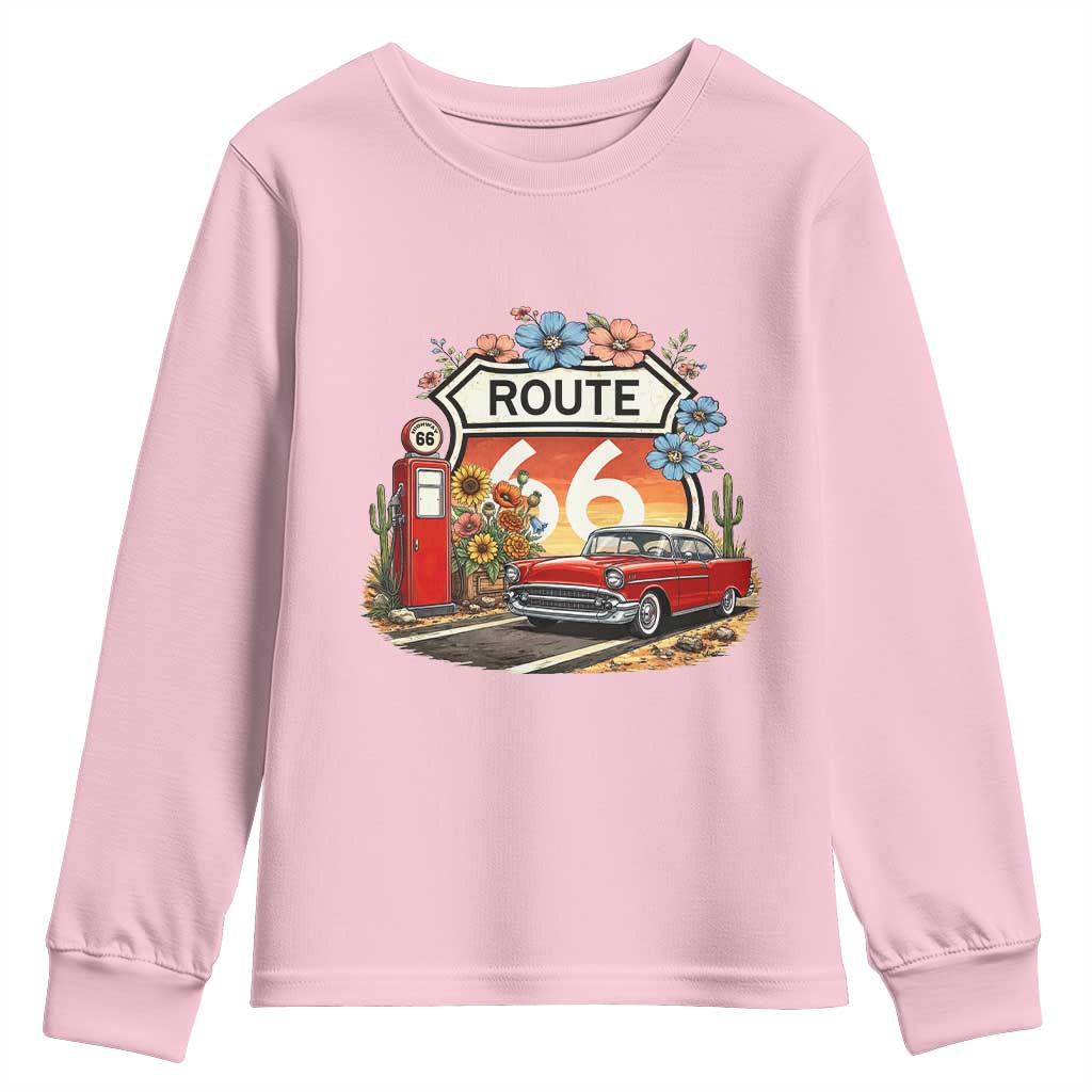 Retro Route Highway 66 Youth Sweatshirt Boho Wildflower Americana Floral TS12 Light Pink Print Your Wear