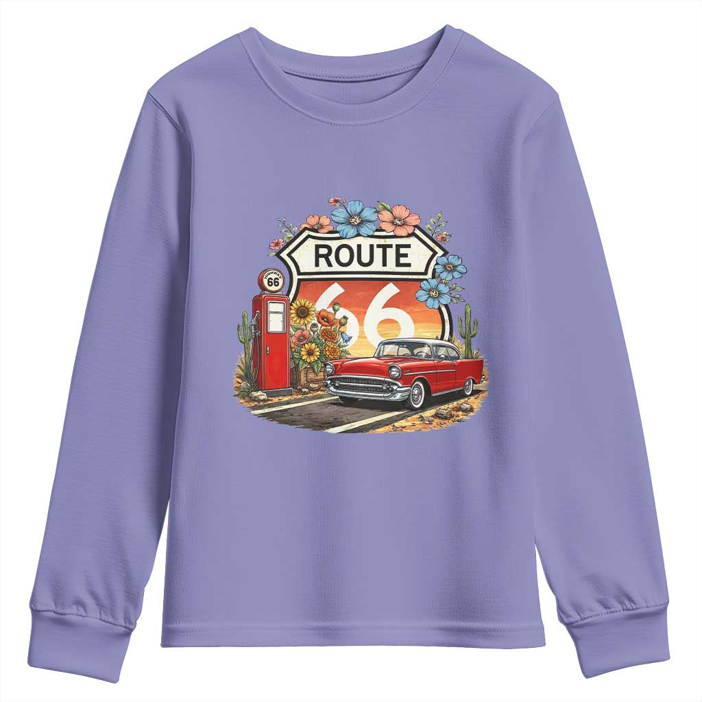 Retro Route Highway 66 Youth Sweatshirt Boho Wildflower Americana Floral TS12 Violet Print Your Wear