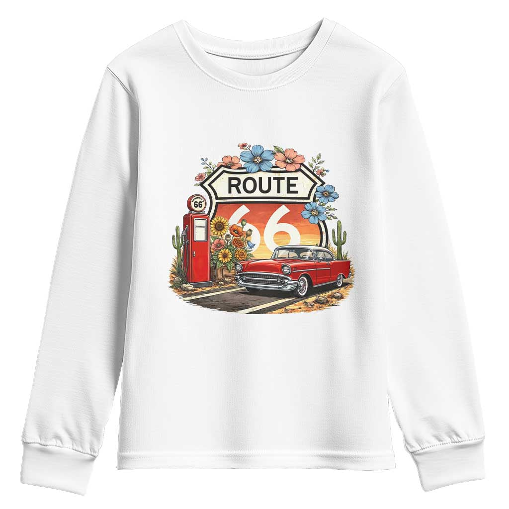Retro Route Highway 66 Youth Sweatshirt Boho Wildflower Americana Floral TS12 White Print Your Wear