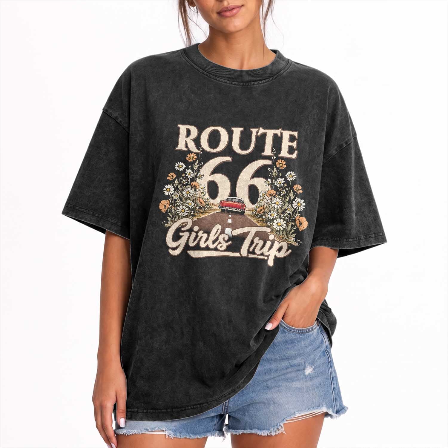 Retro Floral Route Highway 66 Girls Trip Road Trip Washed Cotton T-Shirt