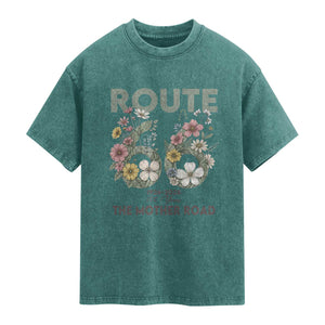 Route Highway 66 Washed Cotton T-Shirt Floral Centennial 100 Year Anniversary