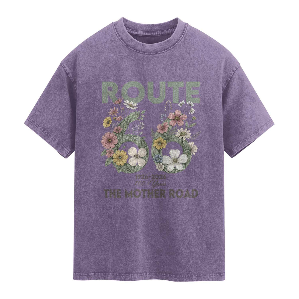 Route Highway 66 Washed Cotton T-Shirt Floral Centennial 100 Year Anniversary