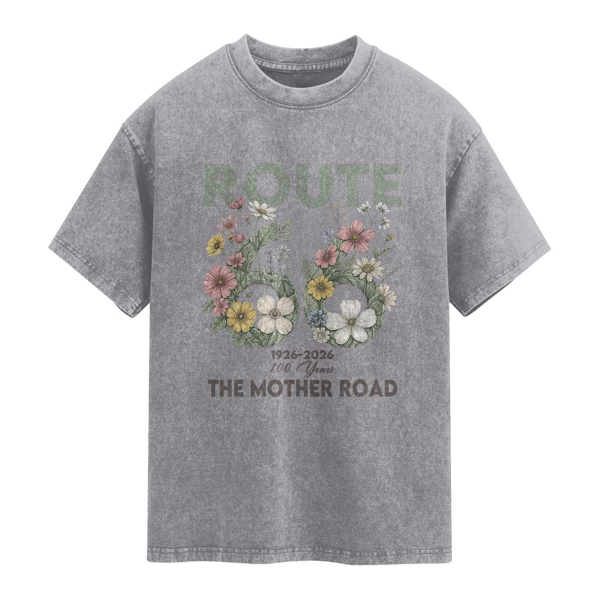 Route Highway 66 Washed Cotton T-Shirt Floral Centennial 100 Year Anniversary