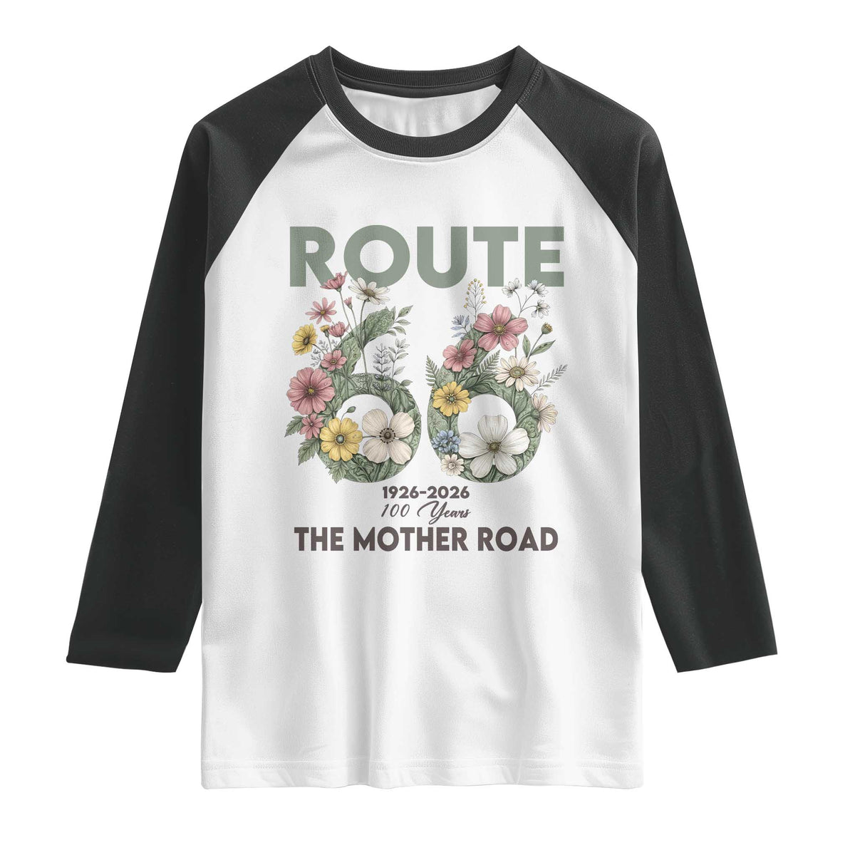Route Highway 66 Raglan Shirt Floral Centennial 100 Year Anniversary TS12 White Black Print Your Wear